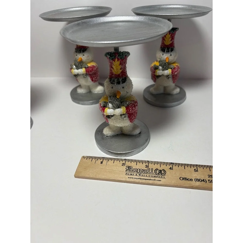 Set of 4 Snowman Nutcracker Candle Holders Silver Red Holiday Christmas Decor